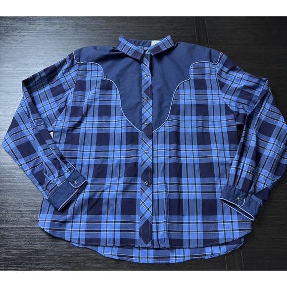 Vtg KENNY ROGERS Women's Karman Western Shirt Blue Plaid Sz 17/18 fits M - Picture 1 of 4